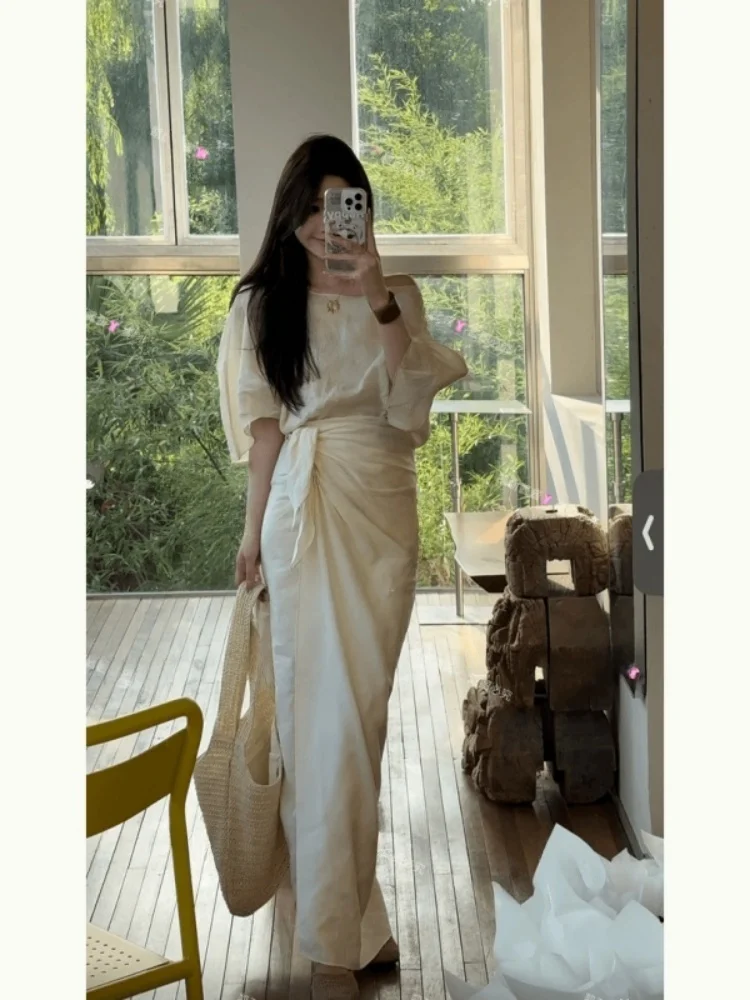 

Spring 2026 Ele Long Dr Fake Two-Piece Simple Chic oulder Bared Women's Dr Faionable mat Sle Summer Co...