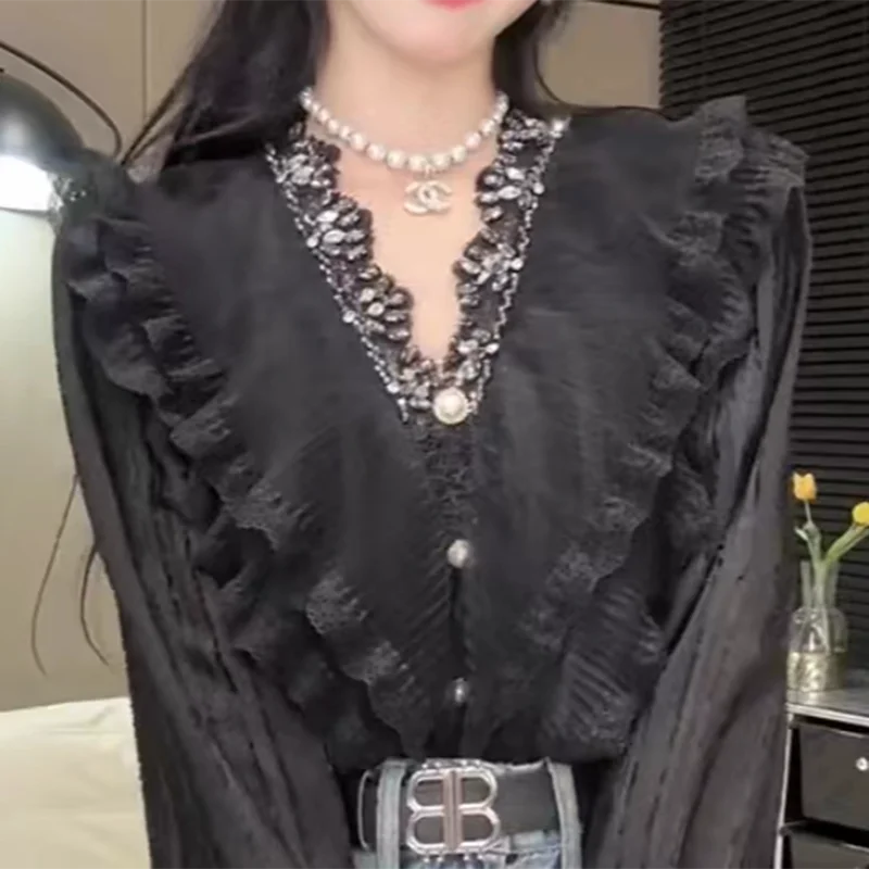 Shirt women's 2024 summer new French style flounces studded horn long sleeve temperament ladies wind jacket tide.