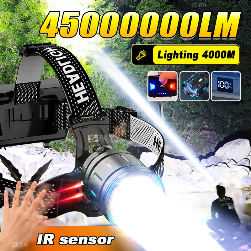 

2025 Upgrade Super Bright Headlamp IR Sensor Powerful LED Head Flashlight Outdoor Long Range 4km Fishing Hunting 18650 Headlight