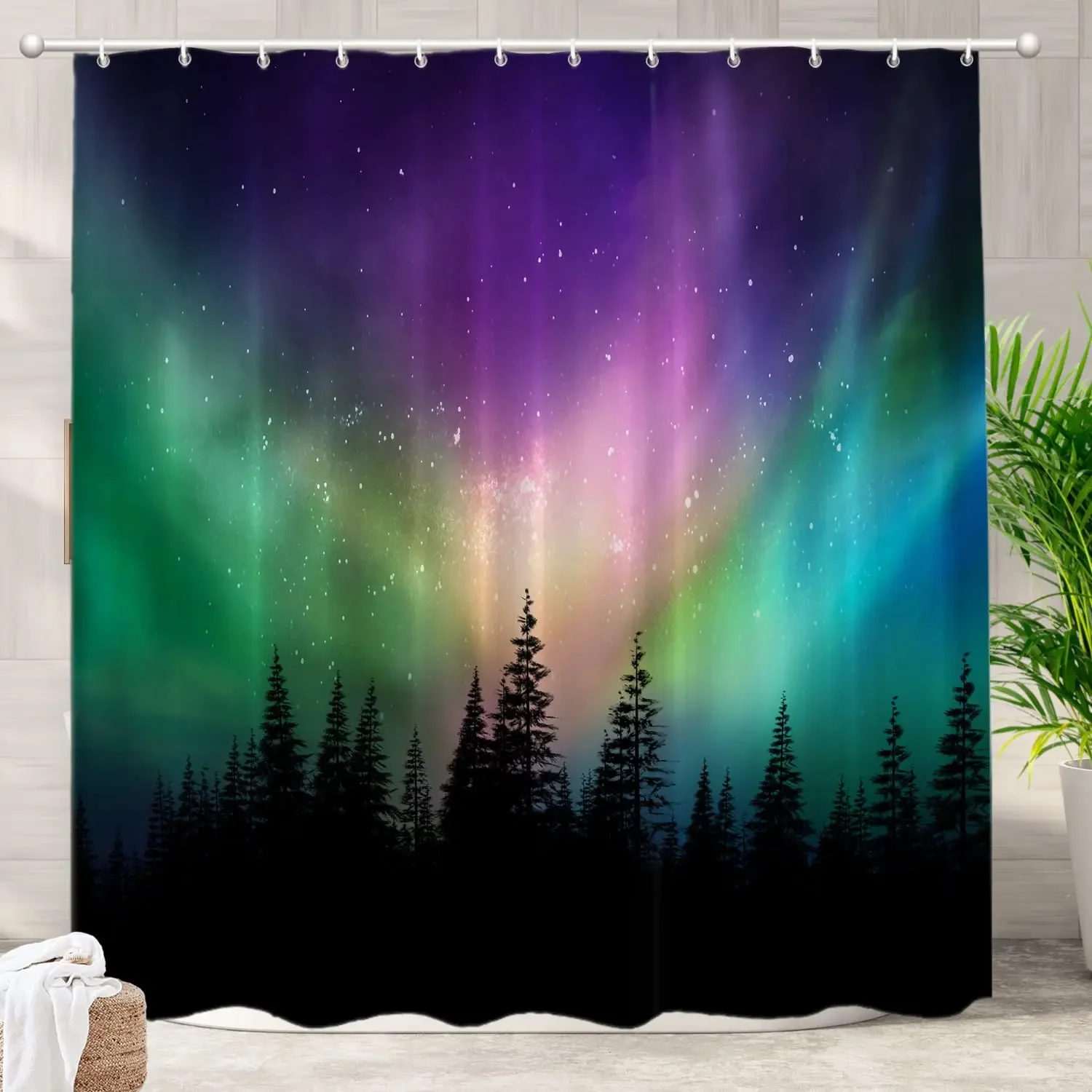 Aurora Borealis Shower Curtain Starry Sky Calming Night Image Cloth Fabric Bathroom Curtains with 12 Hooks Dark Blue Mint Green