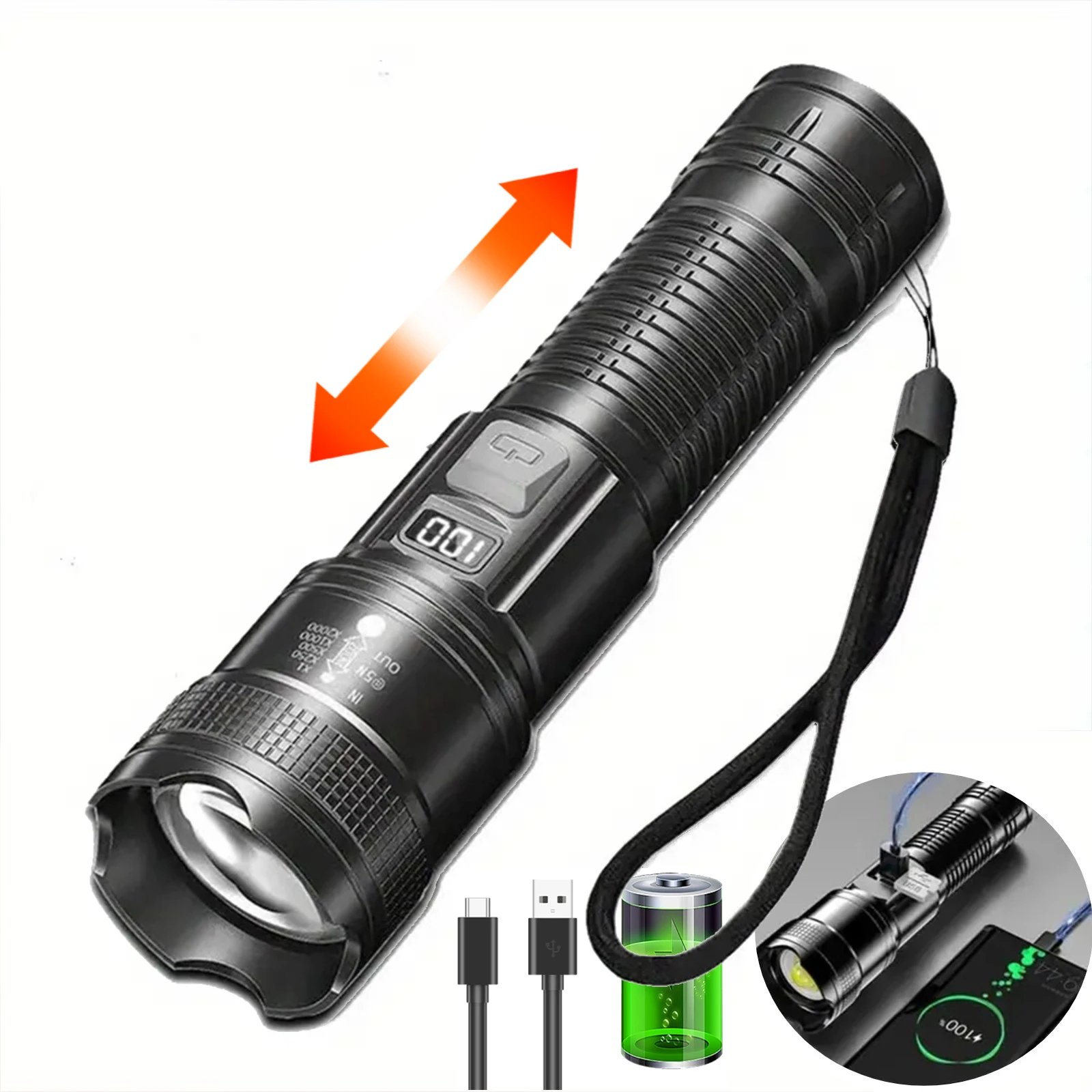 مصباح يدوي LED قابل لإعادة الشحن، شعلة زوومابلي مع شاشة LCD، 3 أوضاع مقاومة للماء، مصباح يدوي عالي الطاقة للتخييم في الهواء الطلق