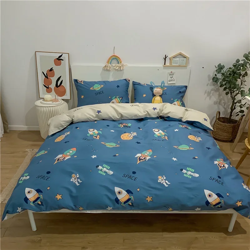 Cartoon Astronaut Duvet Cover Set Twin 3PCS Cotton Space Galaxy Rocket on Navy Blue Bedding Set Reversible Star Comforter Cover