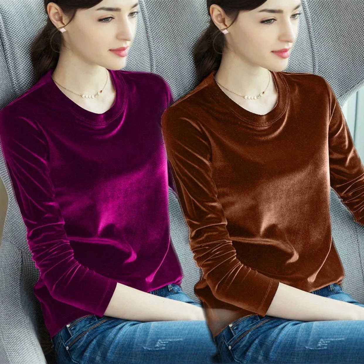 Women Warm Base Shirt O Neck Velvet T-Shirt Stretch Tees Long Sleeve Lady Chic Steet Lersure Top Fashion 2024 Autumn Winter