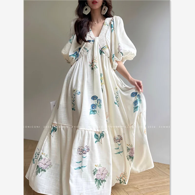 French Elegant Floral Print Holiday Dress Summer New Women's V-Neck Lantern Sleeve Casual Loose Lace-Up Mid-Calf Dresses J632