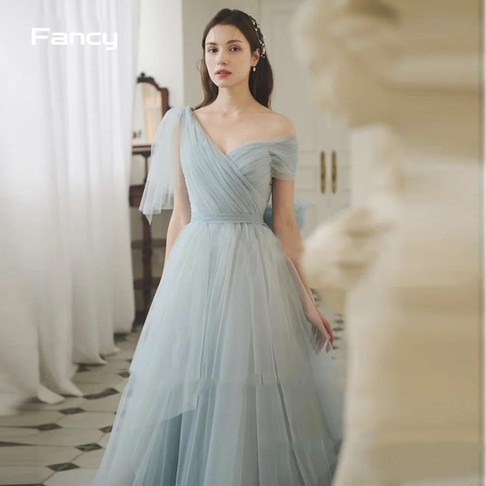 Fancy Fairy Dusty Blue Tulle Long Prom Dresses Korea Lady Floor Length Evening Gowns Wedding Party Dress customized