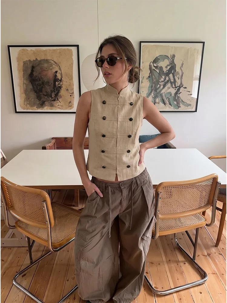 HH Women Summer Old Money Nautical Military Vest Spring Stand Collar Bronze Button Sleeveless Lightweight Outerwear For Office