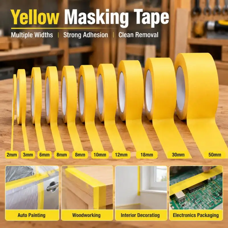 50M/20M/18M Yellow Masking Tape Adhesive Tape Textured Paper Car Paint Decoration Seamless Hand Tear Without Mark For Painting