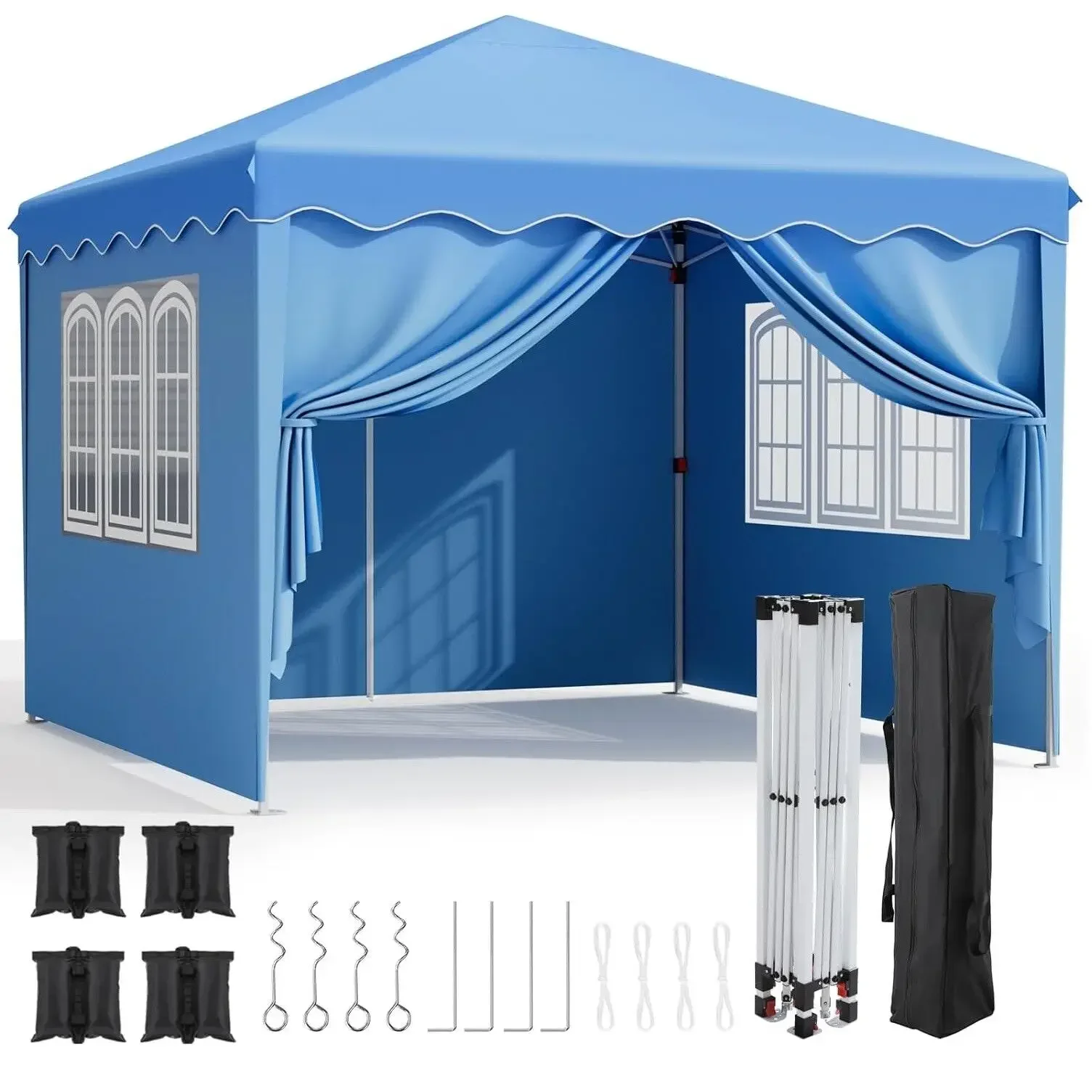 Pop Up Canopy with Sidewalls,Outdoor Winter Gazebo, 10'x10'(3x3m) Party Tent, Adjustable Leg Heights, Windows, Wheeled Carry Bag