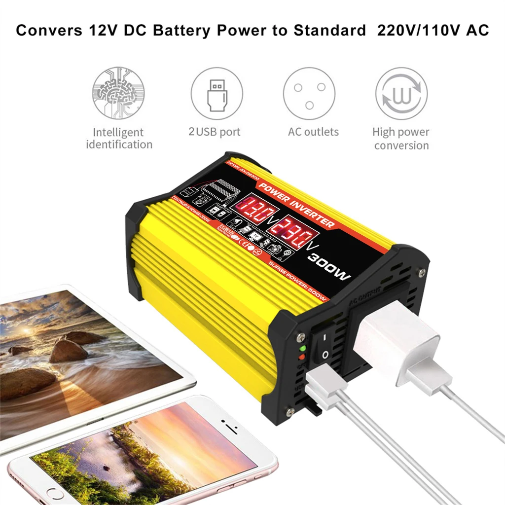 Car Inverter 12V 220V Converter 300W Car Power Inverter Solar Charger Adapter Multiple Protection Dual USB Voltage Transformer