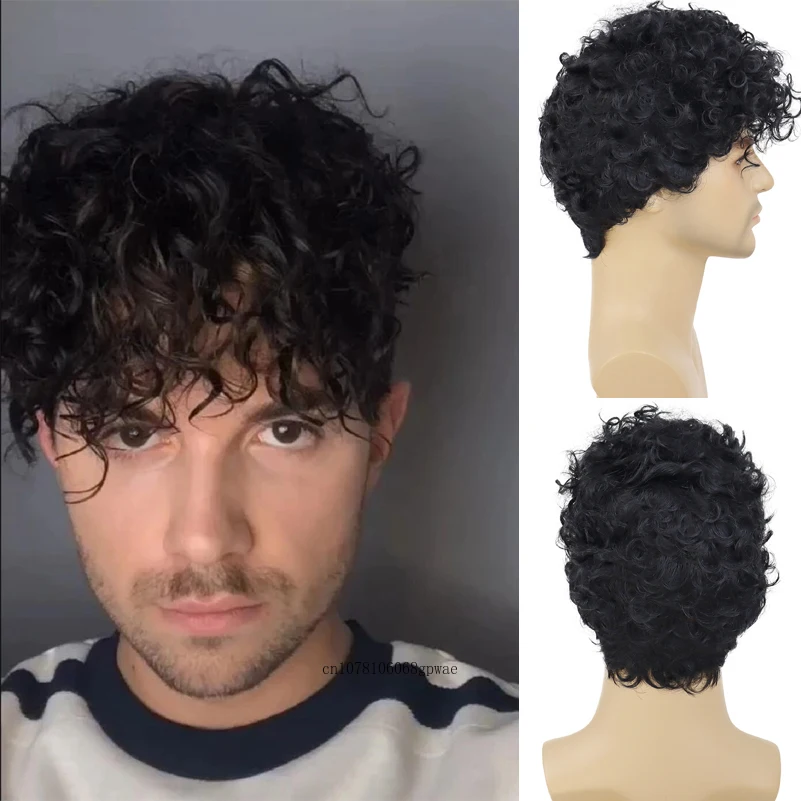 

Black or Dark Brown Hair Synthetic Short Wig Man Afro Kinky Curly Wig with Bangs Fluffy Elastic Wig for Men Handsome Hairstyle