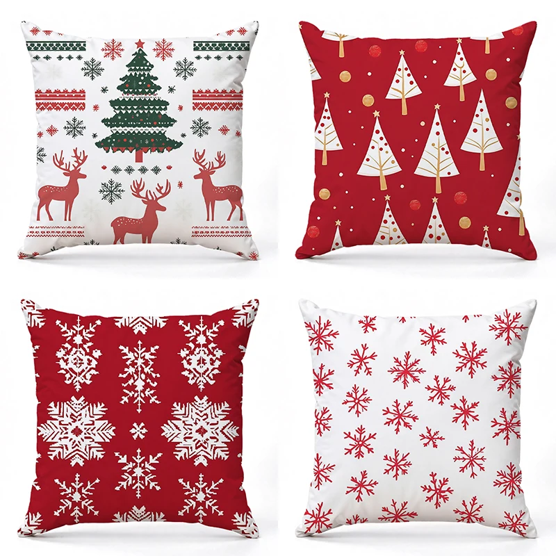 Christmas Tree Deer Snowflake Pattern Pillows Square Short Plush Pillowcase Modern Sofa Decorative Cushion Cover