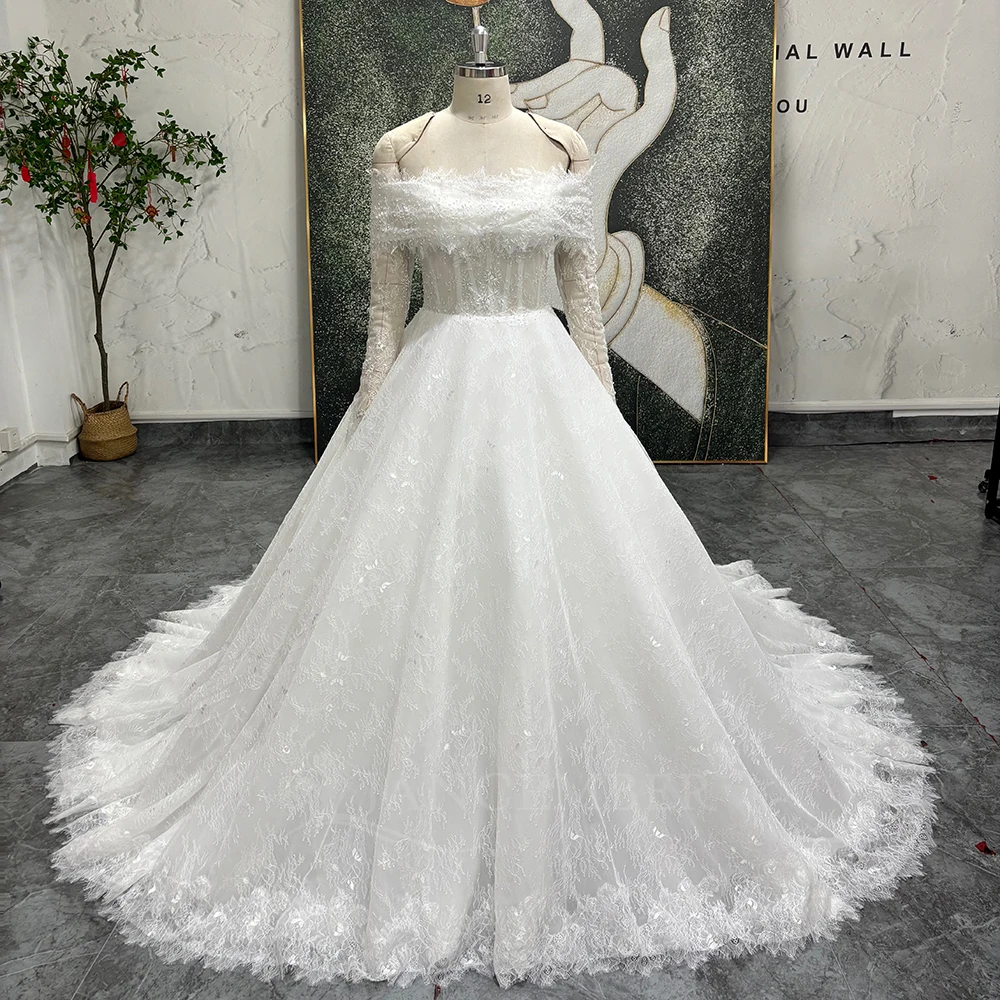 

Customized Boat Neck Boho Wedding Dress Lace A-Line Beach Long Sleeves Bridal Gown Backless Sweep Train платье сваде