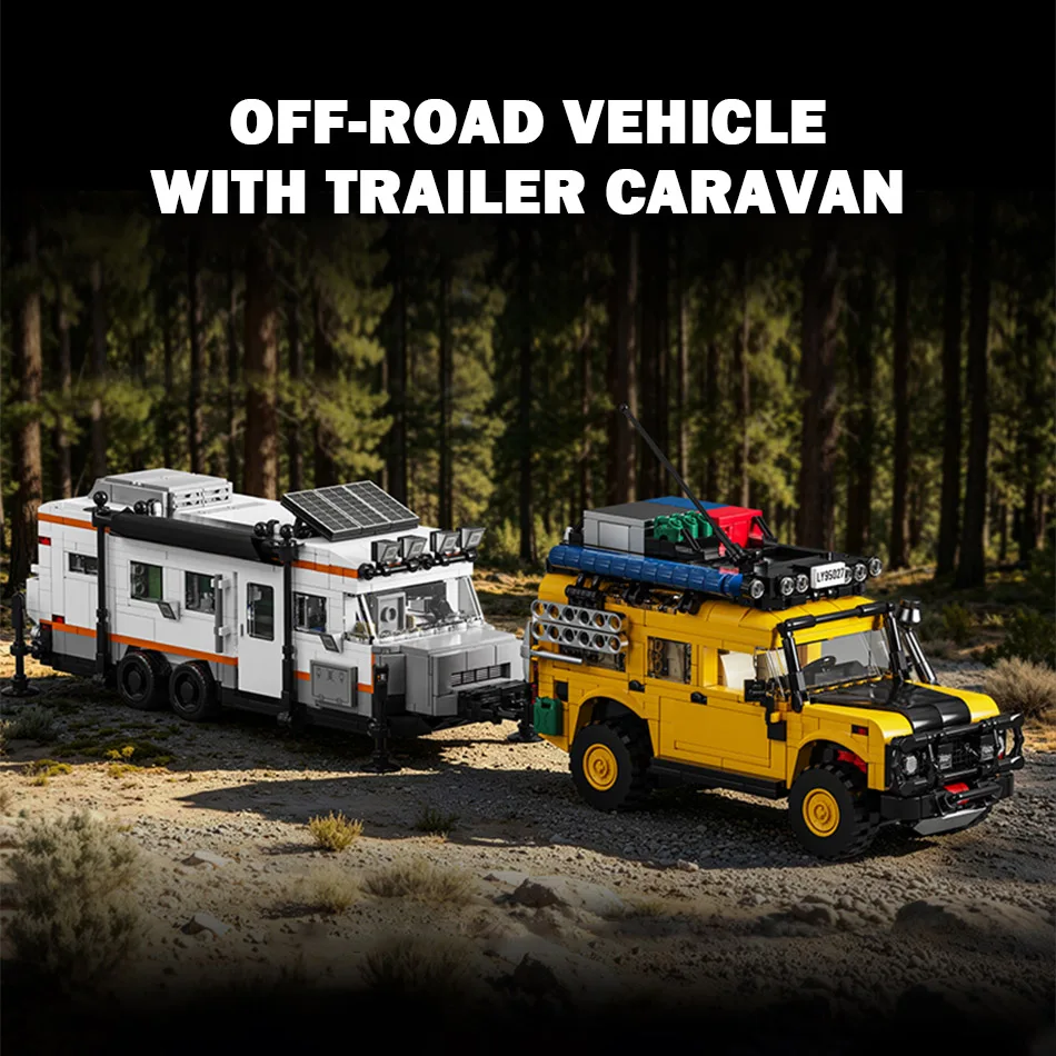 MOC Camel Trophy Defendered Off‑Road Vehicle Building Blocks Yellow SUV Car Travel Trailer Caravan Bricks Collectible Toys Gifts