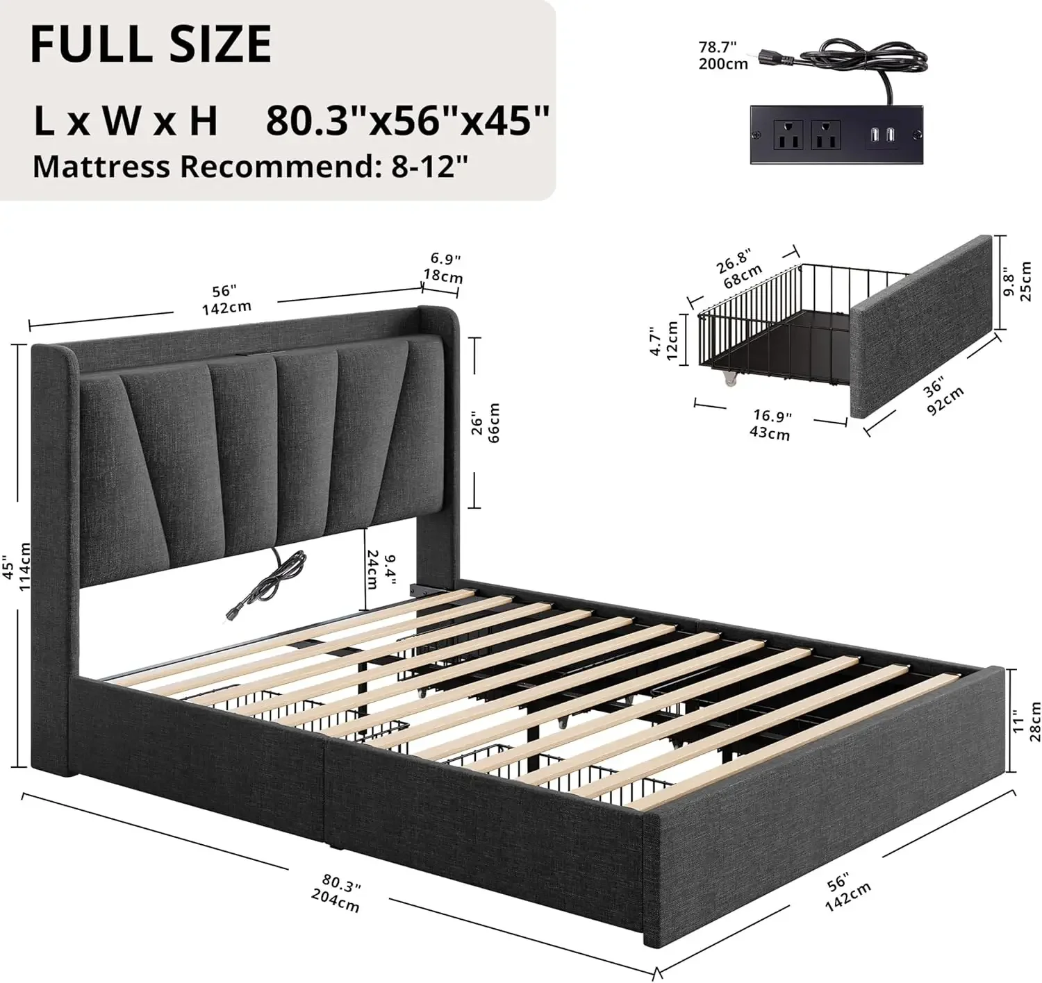 Full Size Bed Frame with Upholstered Headboard, Platform Bed with Storage Drawers and Outlets, Sturdy, Noiseless, No Box Spring