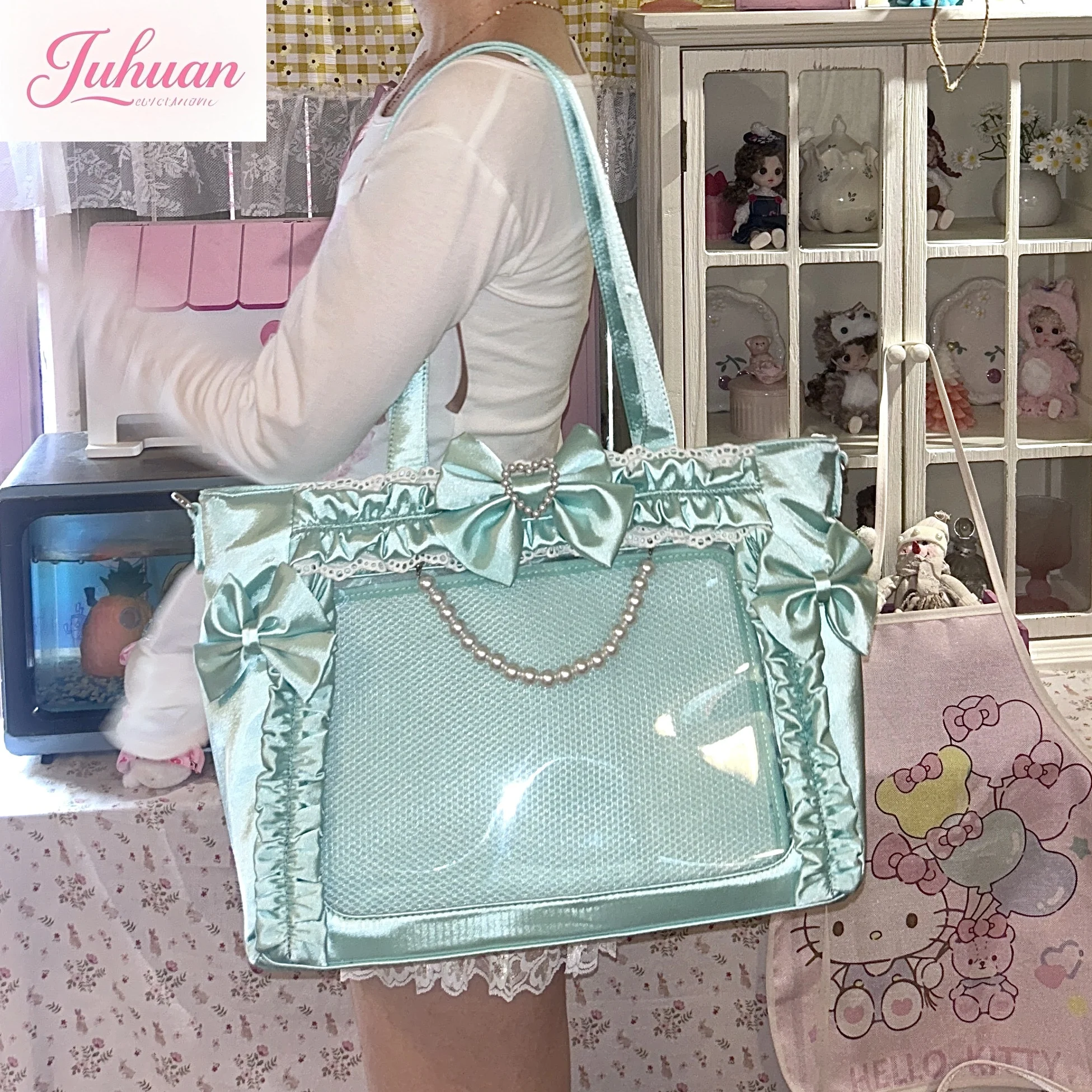 Japanese Lolita Satin Frilly Bow Pearl Lace Tote Bag women Sweet Large Capacity College Style Lta Bag Shoulder Handbag Ladies - Image 3