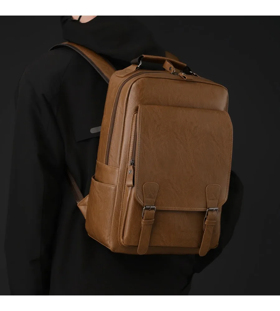 Vintage brown men's laptop backpack anti-splash wear-resistant casual schoolbag for college students and office workers