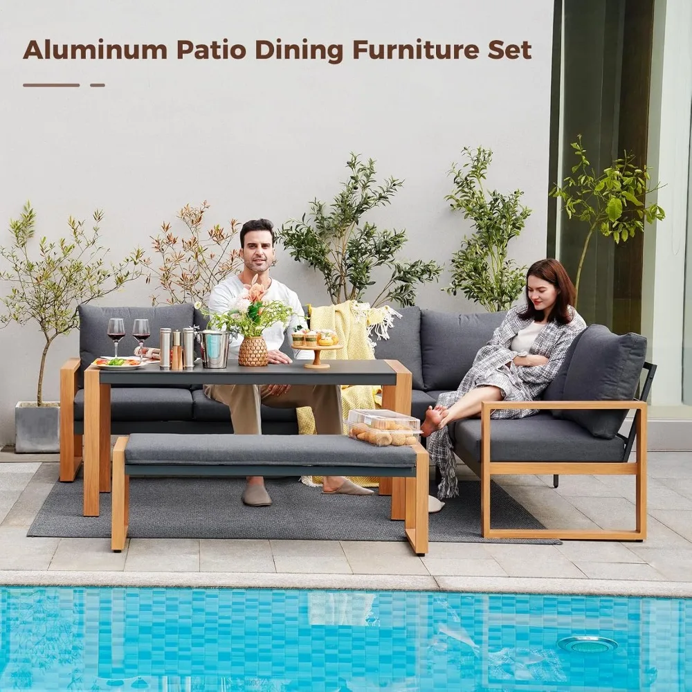 Aluminum Patio Furniture Set,  with Dining Table and Bench, Modern Outdoor Conversation Corner Sofa with Chaise