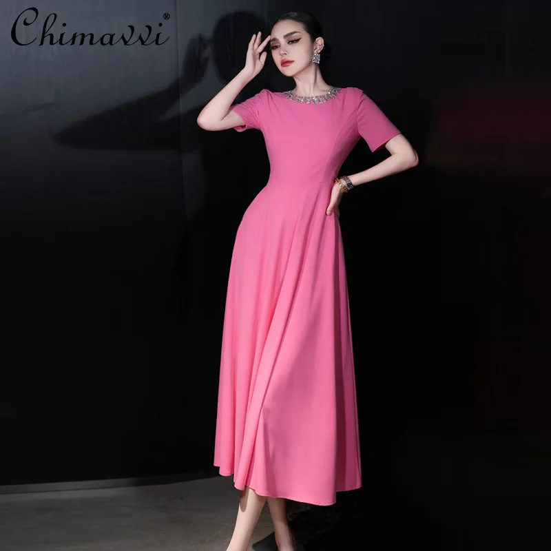 

French Elegant Fashion Diamond Round Neck Short Sleeve High Waist Slim A-line Temperament Long Evening Dress Women 2025 Summer