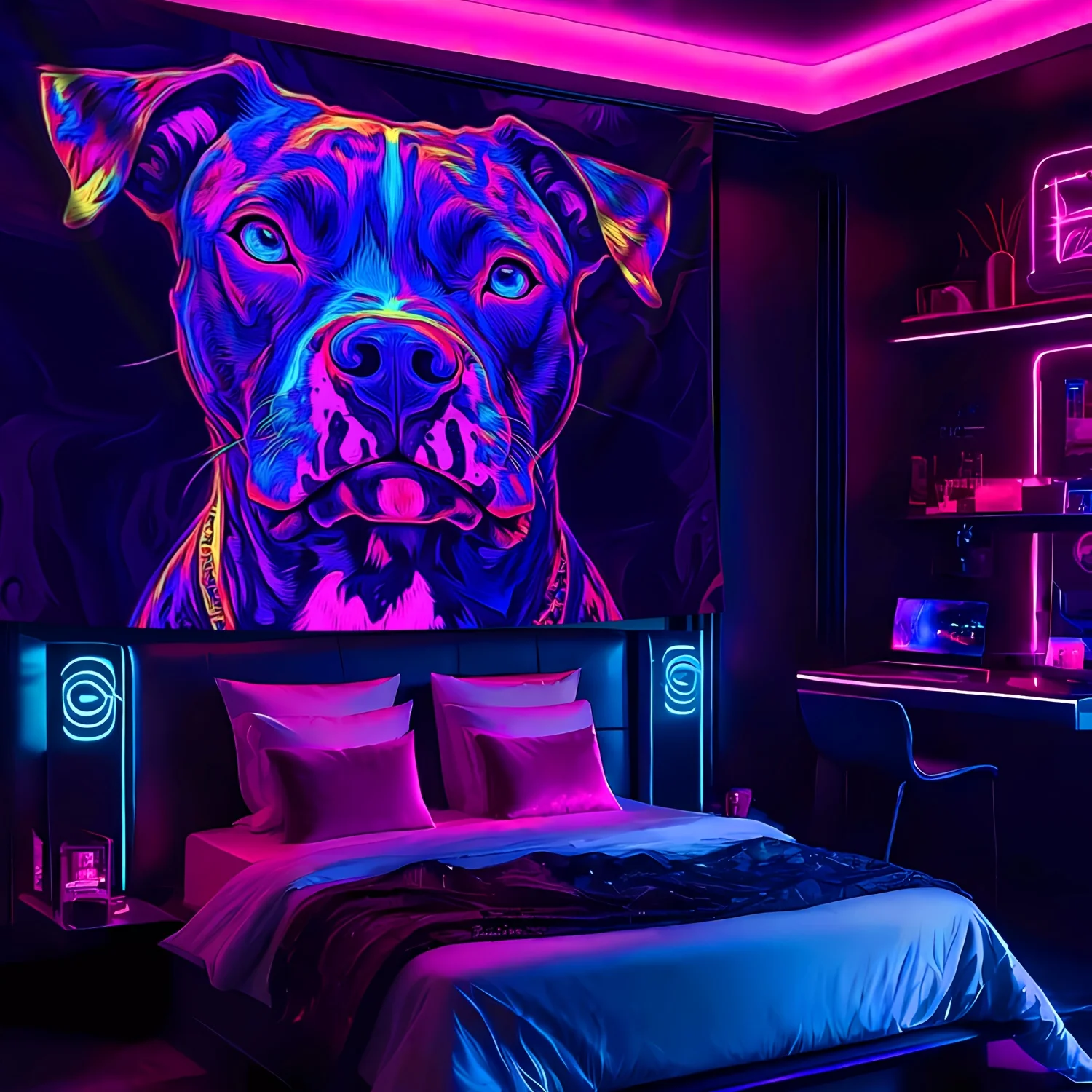 VIKAMA Cyber Neon Dog Art Tapestry Vibrant Living Room Decor Trendy Space Party Accent Living Room Feature Wall Room Decor