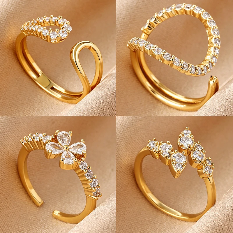 Zirkon Vierblättriges Kleeblatt Ringe für Frauen 18K Vergoldeter Geometrischer Umarmungsring Modeschmuck Geschenke für Alle Anlässe