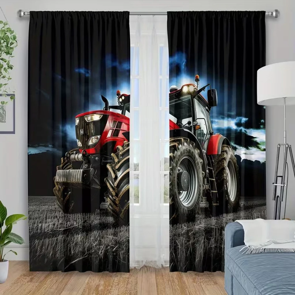 2pcs curtain fabric, insulated semi blackout curtains for bedrooms, red tractor print, natural countryside curtains and window s