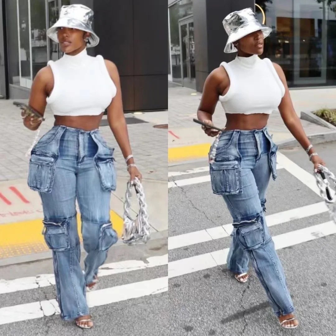 

2024 Summer Women Fashion Multi Pocket Straight Zipper Fly Denim Pants Streetwear INS Safari Style Cargo Wide Leg Jeans