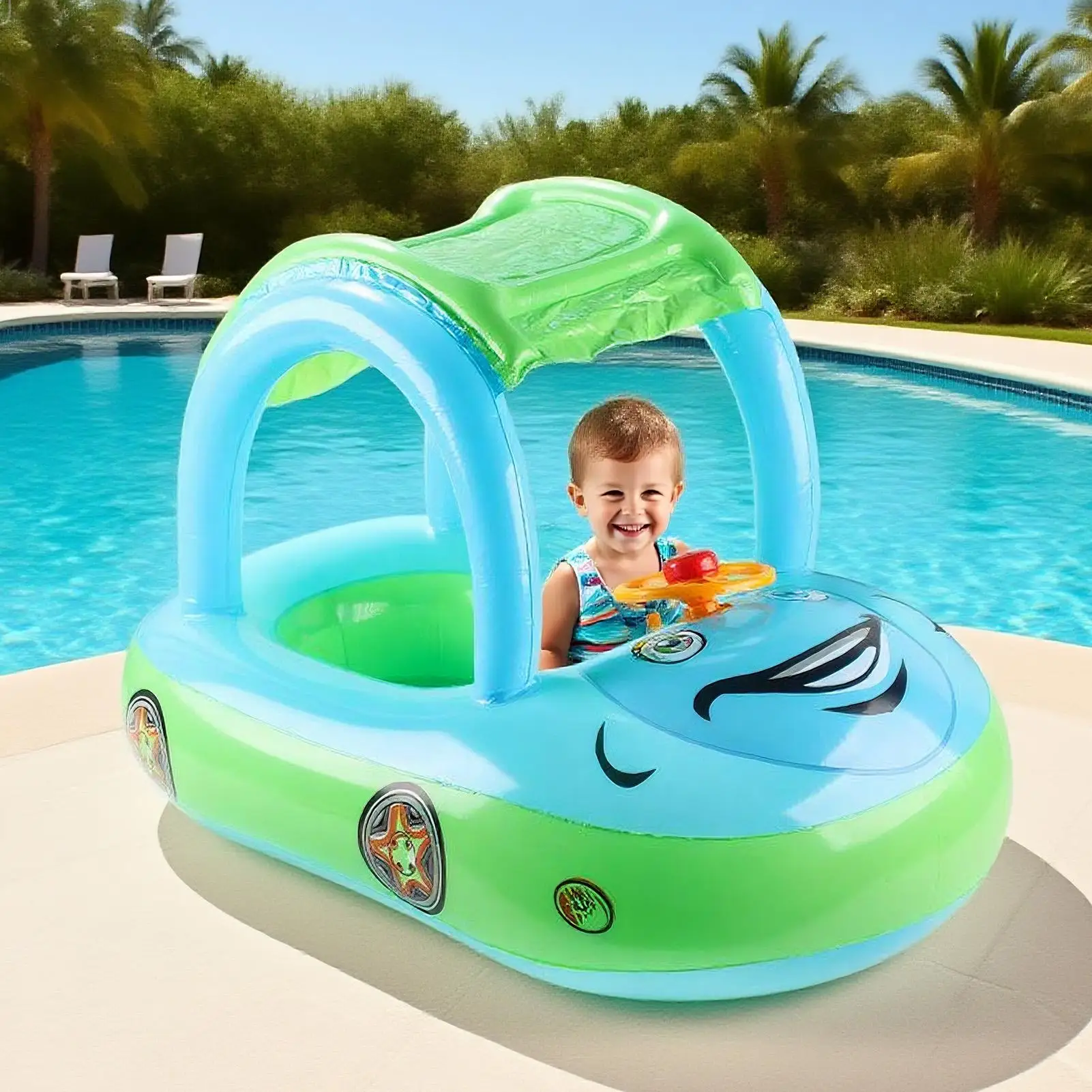 Toddler Pool Floats Swim Floats For Toddler Inflatable Car Shape Canopy Flotation Trainer Toys With Sunshade For Summer Beach