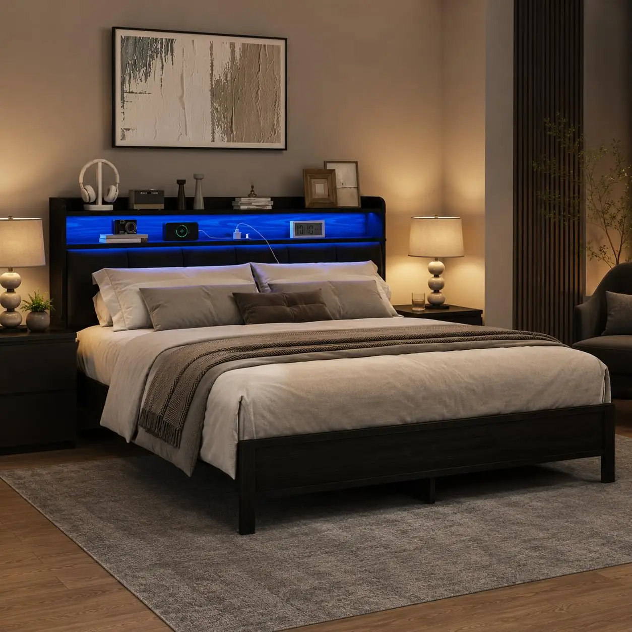 Full Size Upholstered Bed Frame With LED & Charging Station, Storage Headboard, Metal Slats, No Box Spring, Grey, Customized