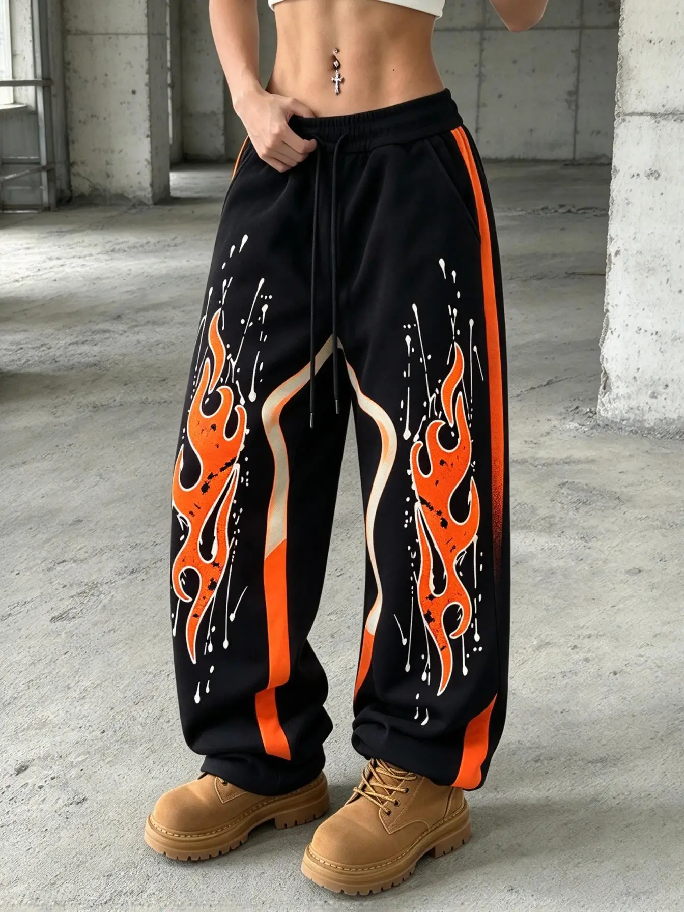 Women Low Waist Wide Leg Sweatpants Y2K Flame Splash Ink Side Stripe Print Elastic Drawstring Casual Trousers With Pockets