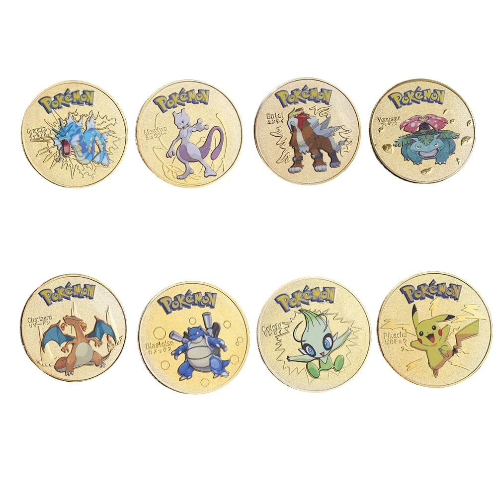 8 stuks Pokemon herdenkingsmunt metalen munten Anime herdenkingsmunt Charizard Pikachu gouden Pokemon kaarten ronde metalen munt speelgoed