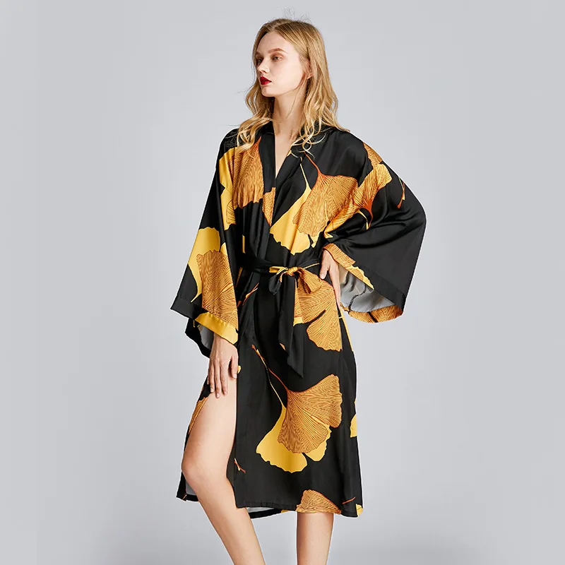 Female Black Long Robe Nightgown Sexy Print Ginkgo Leaf Kimono Bathrobe Gown Sleepwear Spring Summer Loose Satin Home Dress