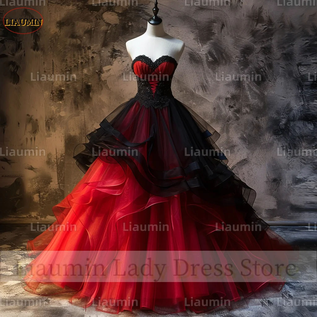 Classic Simple Red And Black Tulle Black Strapless Ball Gown Prom Formal Dresses Evening Party Lace Up Back Custom Made A4-2.1