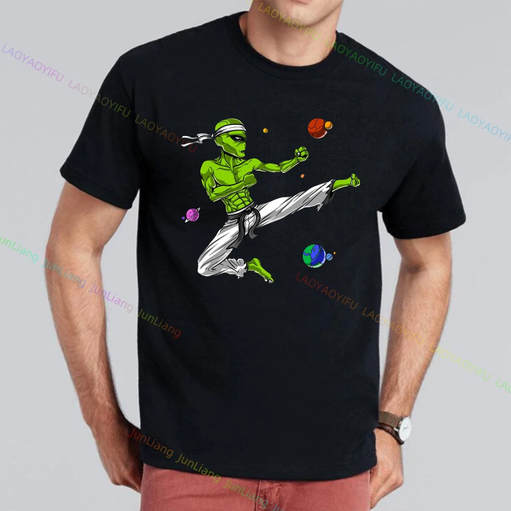 Summer Y2k T-shirts for Men Aliens Kungfu Cartoon Short Sleeve Loose Casual Aesthetic Clothing 100% Cotton Streetwear Tshirt