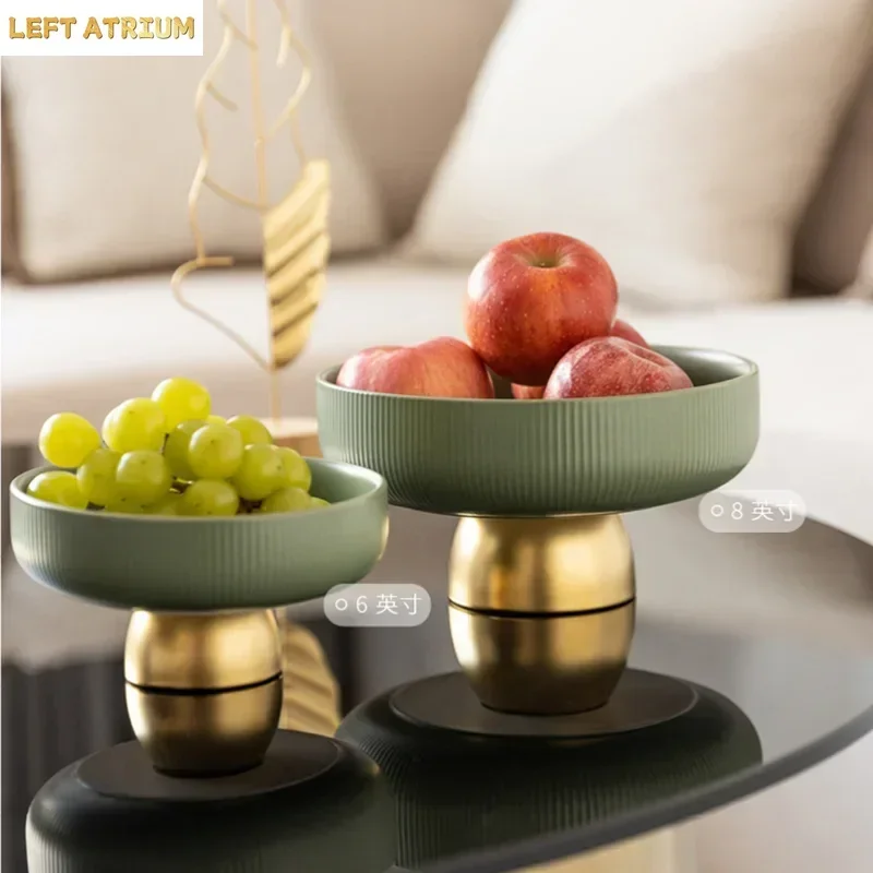 

Matt Ceramic Salad Bowl Golden Base Tall Fruit Tray Circular Vertical Stripe Sbowls Family Candy Storage Tray Kitchen Supplies