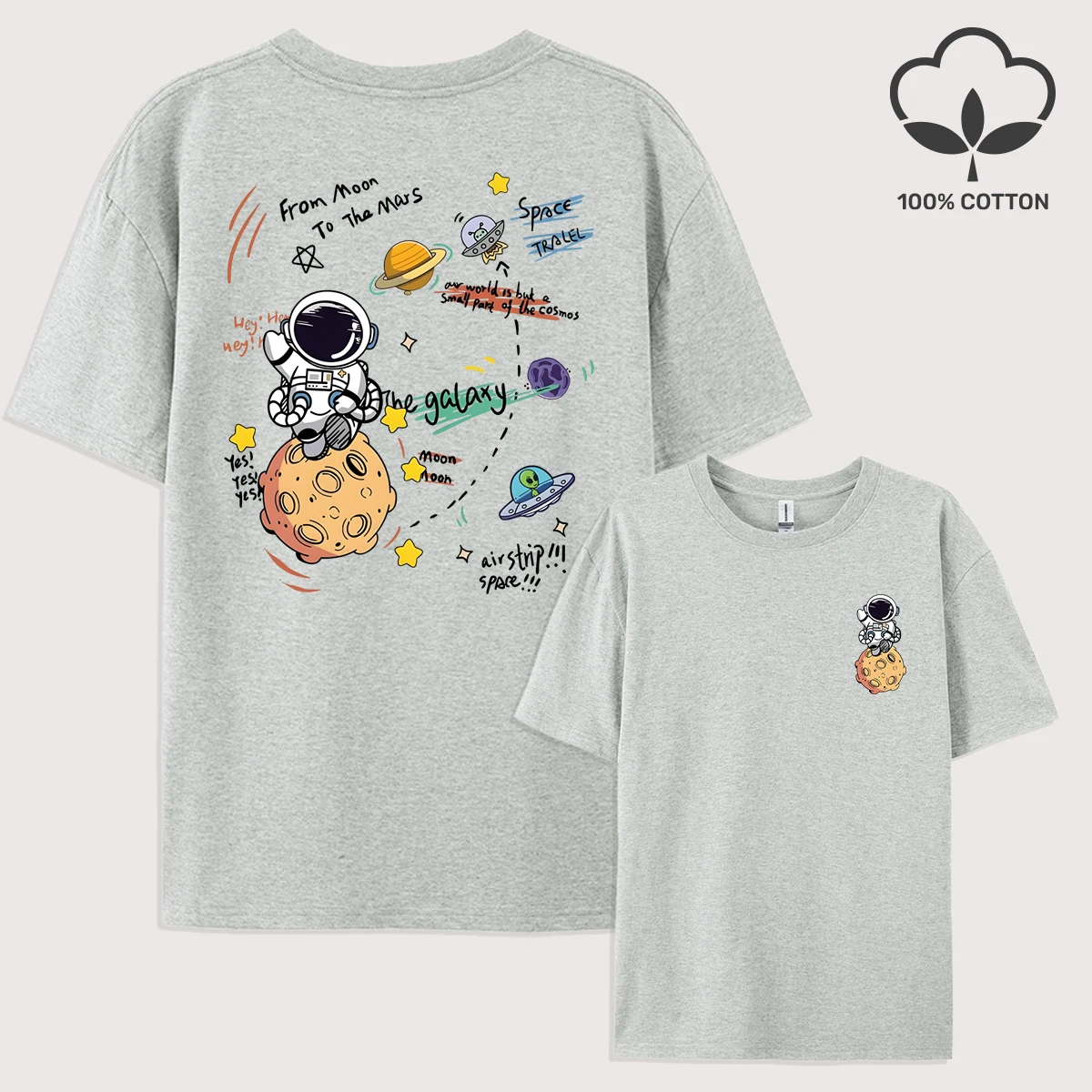 Cartoon Astronaut Raum Abenteuer Druck Männer T Shirt Alle-Spiel Baumwolle T-Shirt Sommer Kleidung Bequeme Lose Männliche Kurzarm