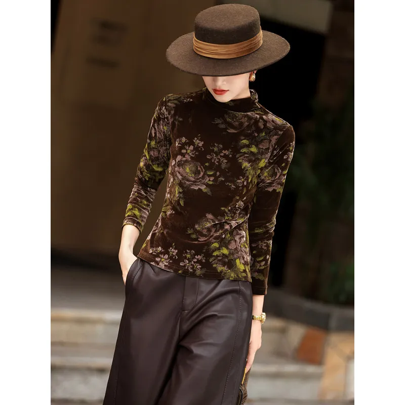 MEXCOCO Women Spring Autumn New Elegant Retro French Mock Neck Base Layer Printed Velvet T‑Shirt Blouse Tops