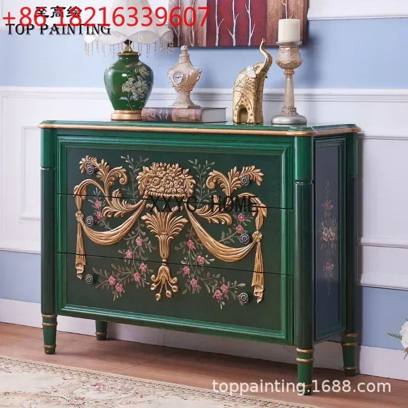 Entrance Cabinet Carved Three-Bucket Cabinet Living Room Curio Cabinet Locker Golden Emerald