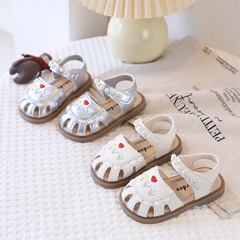 Spring Girl's Mary Janes Flower Pearl Lace Cute Kid's Flat Shoe Solid Colors Cover Toe Hook-loop Chic Daily Children Shoes