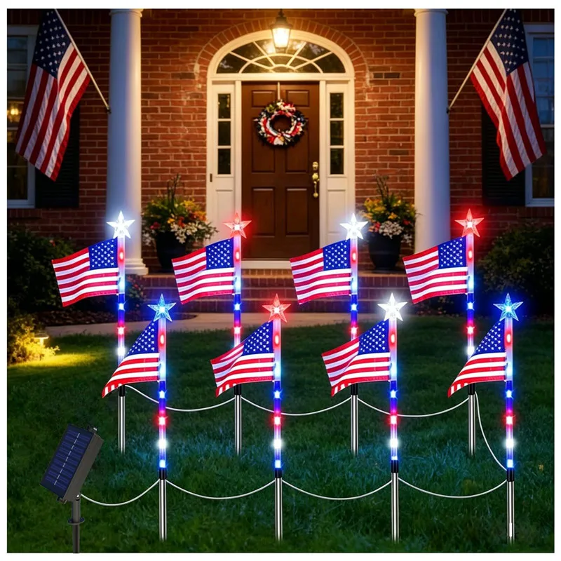 Lampes solaires de jardin en forme de drapeau américain, lumières LED patriotiques à allumage/extinction automatiques, étanches IP65 pour la décoration de la cour du 4 juillet