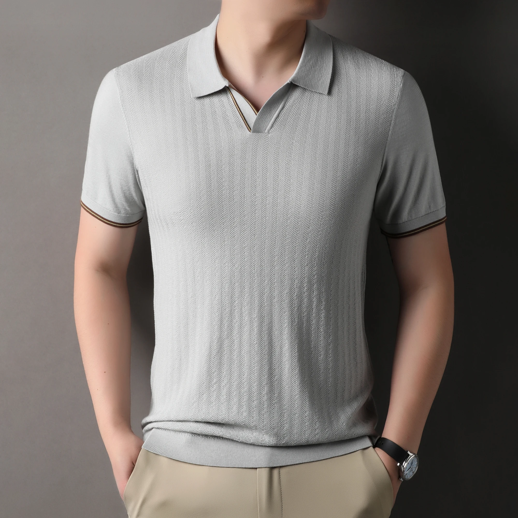 New Trendy Lyocell Men Tops 2025 Summer Breathable Mulberry Silk Knit Polos Fashion Turn Down Collar Silk Collor Knitwear Shirts