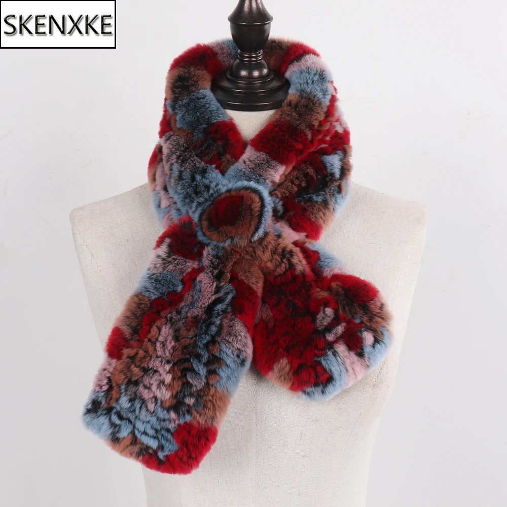 New Brand Women Genuine Rex Rabbit Fur Scarf Winter Lady Knitted Natural Rex Rabbit Fur Mufflers Russian Real Fur Scarves