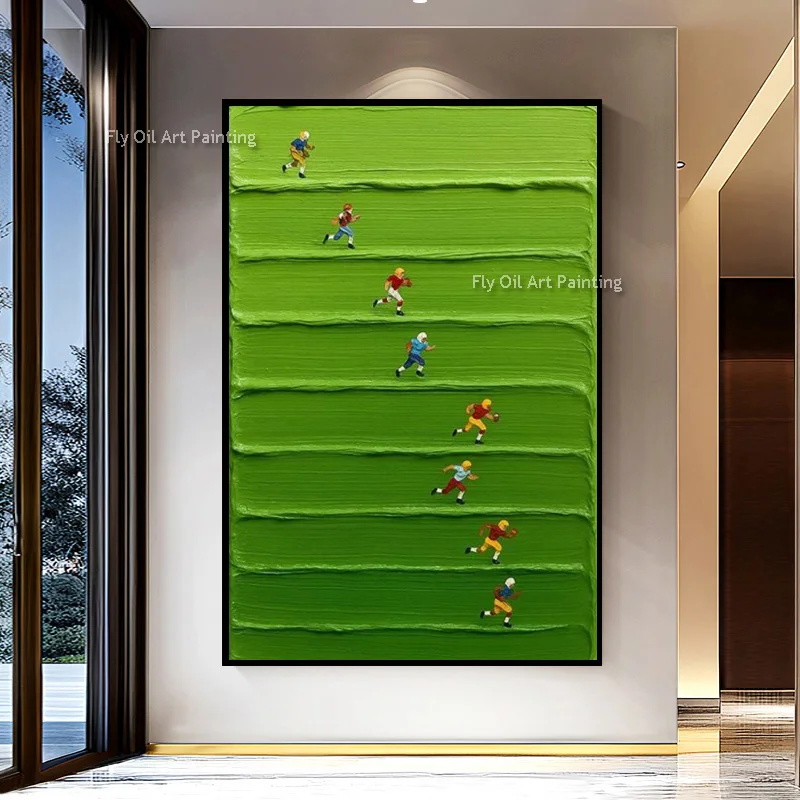 Hand Made Green Canvas Thick People Playing Rugby Football Oil Painting For Home Decor New Simple Blue Poor Home Wall Art Items