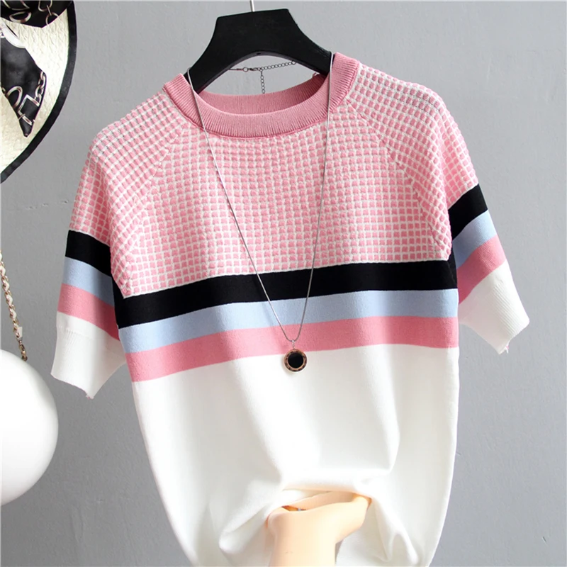 Shinttimes-blusa listrada vintage para mulheres, blusa de manga curta, rosa e azul cor, novo estilo vintage, verão, 2024