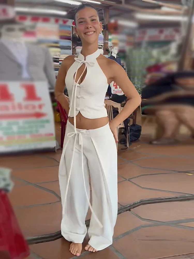 Damen-Hosenanzug, 2-teilig, ärmellos, mit Aussparungen, Schleifenknöpfen, rückenfreies, kurzes Oberteil, Schnürung, plissierte Hose, glamouröses Damen-Outfit – Detail 12