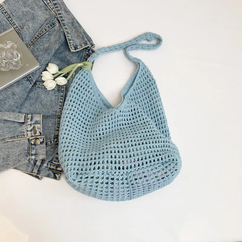 Новая летняя повседневная большая вместительная сумка из хлопчатобумажной нити, полая соломенная тканая сумка, сумка на плечо в ленивом стиле, пляжная сумка, женская сумка