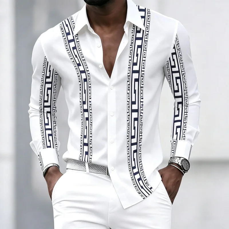 Men's shirt with embossed long sleeved shirt, retro geometric printed lapel cardigan shirt, business casual men's top XS-6XL