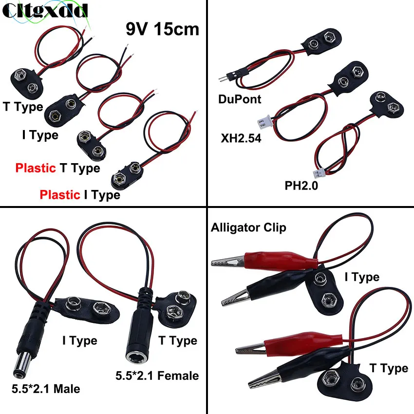 1pcs 9V Battery Clip 10cm Black Red 2Wired Cable Connector Buckle 9 Volt Battery Holder With PH2.0 XH2.54 Terminal Lead Wire