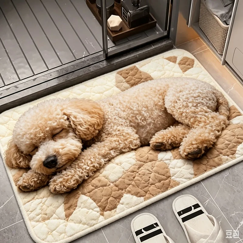Sleepy Curly Puppy Dog Pattern Floor Mat,Soft Quilted Style Rug for Pet Rest Area,Entryway,Indoor Household Comfortable Floor
