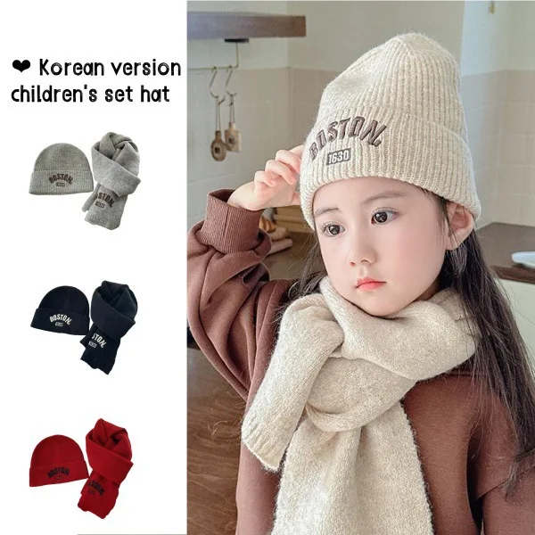 

Children's Hat Set Autumn/Winter Korean Western Style Letter Embroidery Trendy Baby Hat Scarf Two Piece Set for Warmth