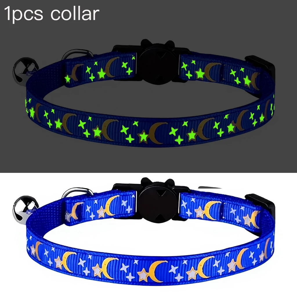 Collar para mascotas, perro gato, Color dorado, estrellas y luna, Collar para mascotas con campana y Material PP, hebilla de seguridad de luminiscencia separada, seguro sólido